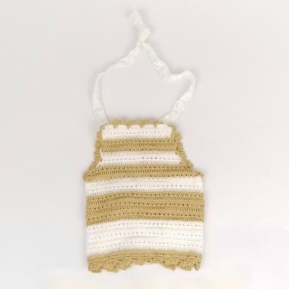 NWT PQ Swim Blair Crochet Knit Lace Up Halter Bikini Top in Tan White Stripe XL - Picture 4 of 6